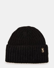 LOGO BEANIE Black Fuzzy RIbbed Knit Women's Beanie