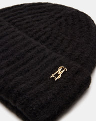 LOGO BEANIE Black Fuzzy RIbbed Knit Women's Beanie