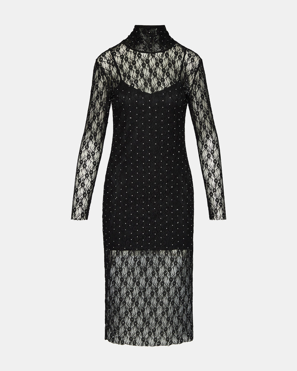 VIVIENNE Black Studded Lace Women's Mock Neck Midi Dress
