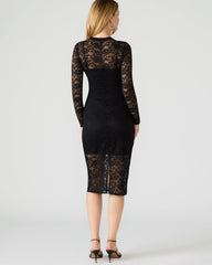 HAILEE Lace Black Long-Sleeved Mesh Pull-On Mock Neck Midi Women's Dress