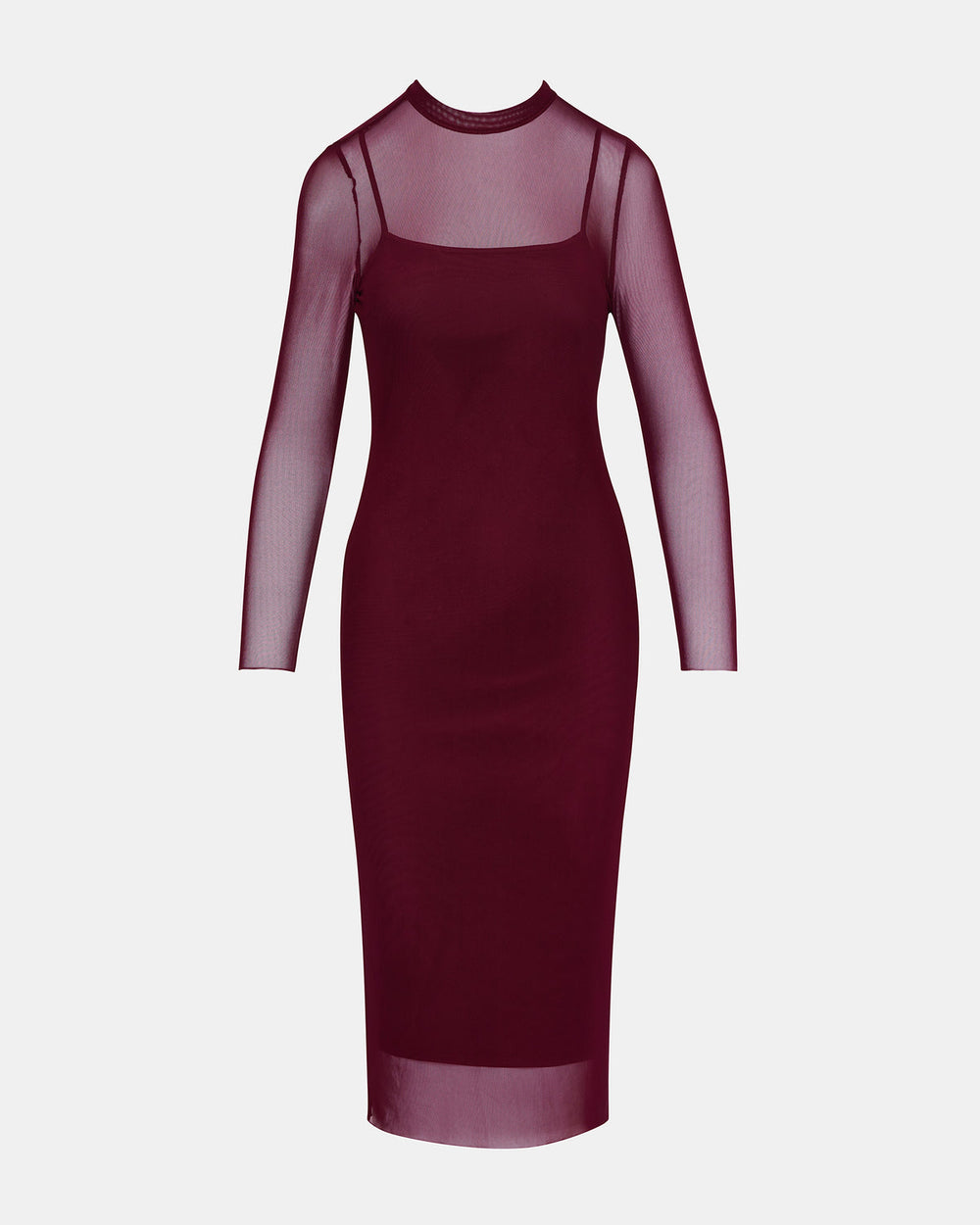 HAILEE Wine Long-Sleeved Mesh Pull-On Mock Neck Midi Women's Dress