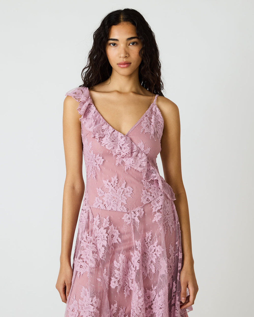 DARIELLA Mauve Shadows Sleeveless Asymmetrical Ruffle Lace Mesh Women's Midi Dress