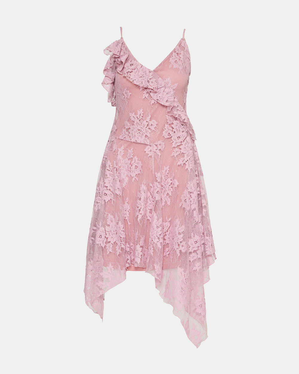 DARIELLA Mauve Shadows Sleeveless Asymmetrical Ruffle Lace Mesh Women's Midi Dress