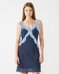 ADALINA Vintage Navy Polka Dot Ruffle Flowy Women's Mini Dress