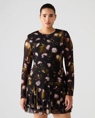 BLISS Black Ditsy Floral Long-Sleeved Floral Print Mesh Sheer Mini Women's Dress