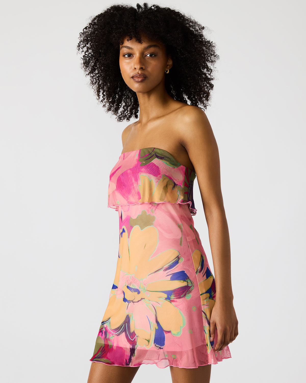 BRYAR Multi Strapless Flowy Mesh Overlay Floral Print Mini Women's Dress