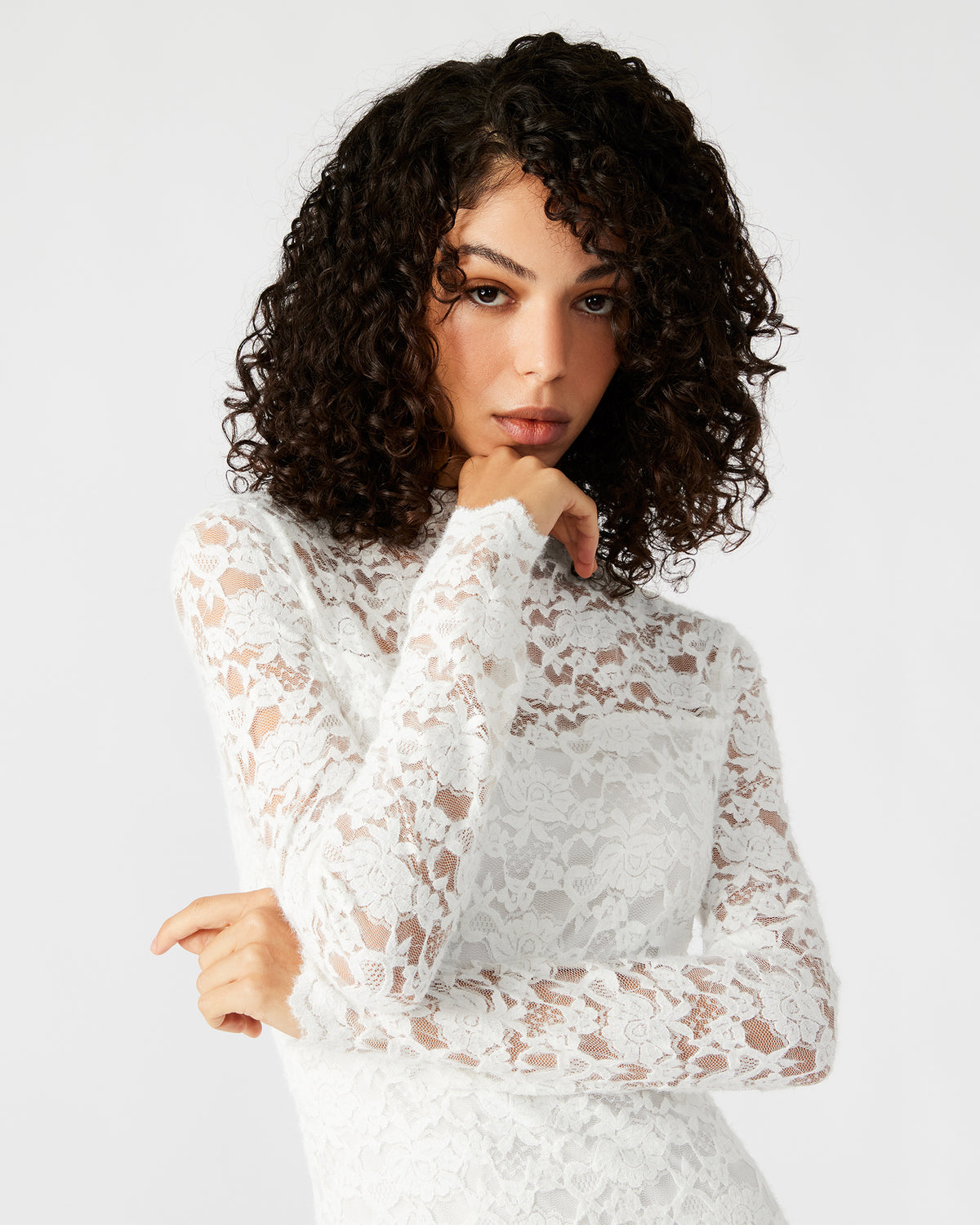VIVIENNE Ivory Lace Women's Mock Neck Midi Dress