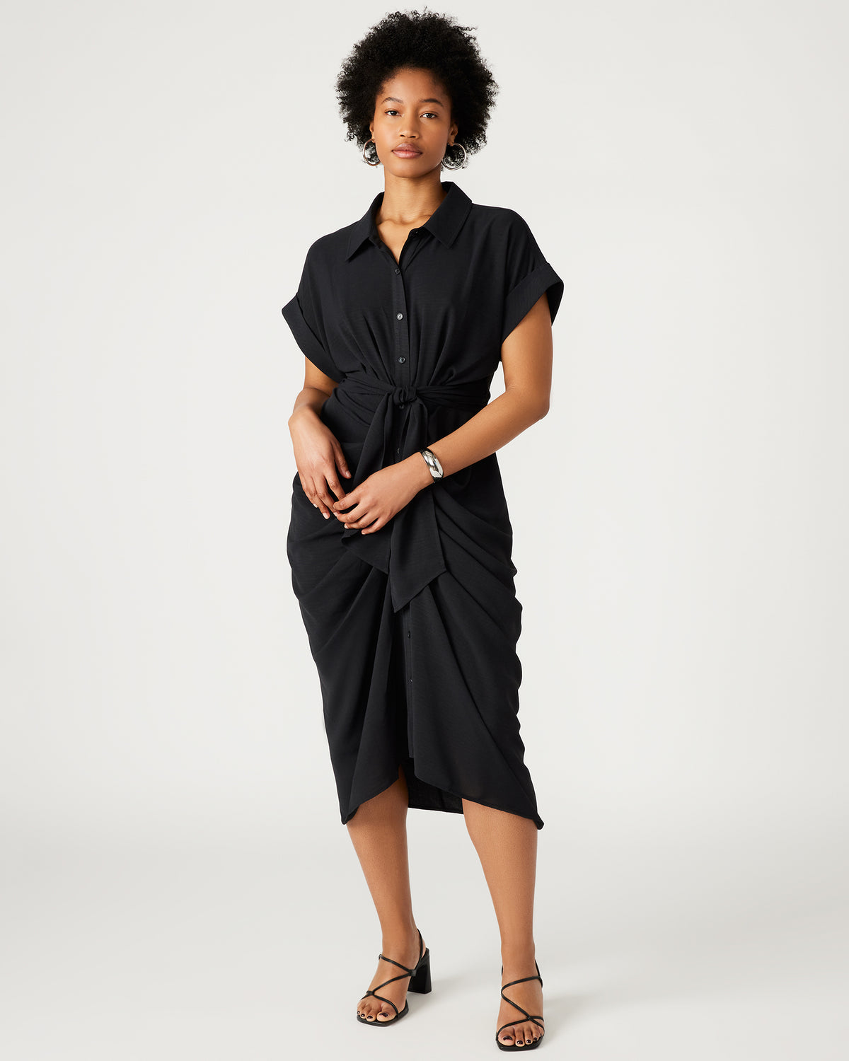 TORI Black Knit Button Up Collared Midi Dress