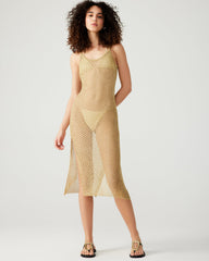 ANISHA Dress Gold | Women's Mesh Metallic Midi Dress