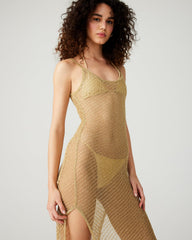 ANISHA Dress Gold | Women's Mesh Metallic Midi Dress