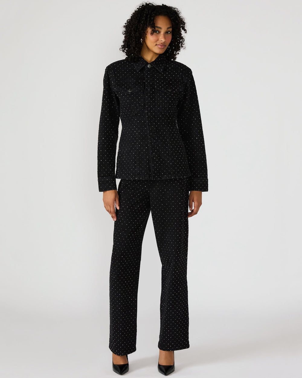 PARC Black Crystal Rhinestone Embellished Long-Sleeved Button-Up Denim Women's Jacket