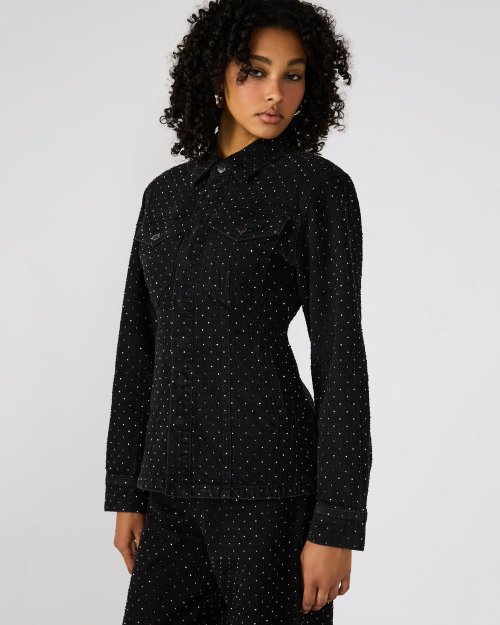 PARC Black Crystal Rhinestone Embellished Long-Sleeved Button-Up Denim Women's Jacket