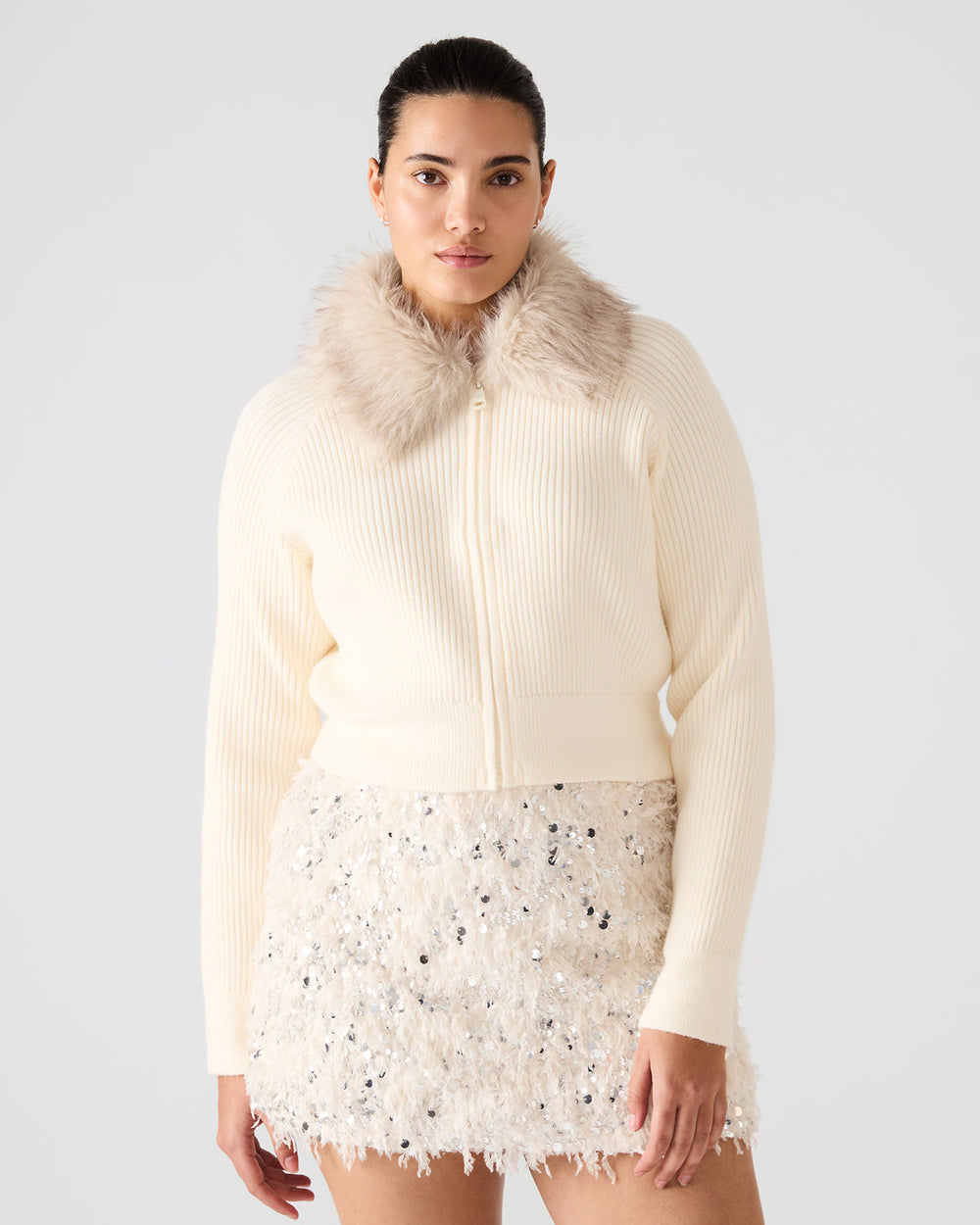 LYSIA Cream Long-Sleeved Faux Fur Hood Zip-Up Ribbed Women's Sweater Jacket