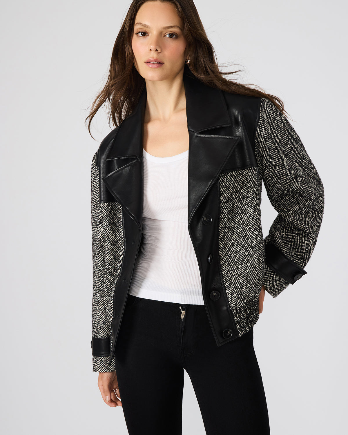 MERCEDES Black Multi Long-Sleeved Button-Up Faux Leather Women's Coat