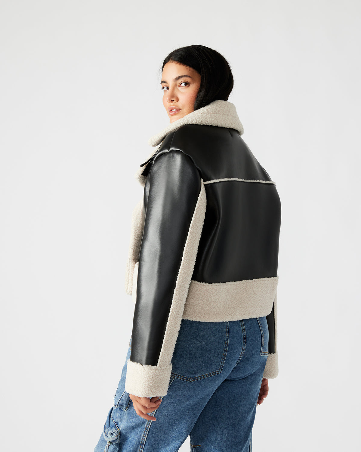 ATHEN Black Women's Faux Leather Shearling Trim Jacket