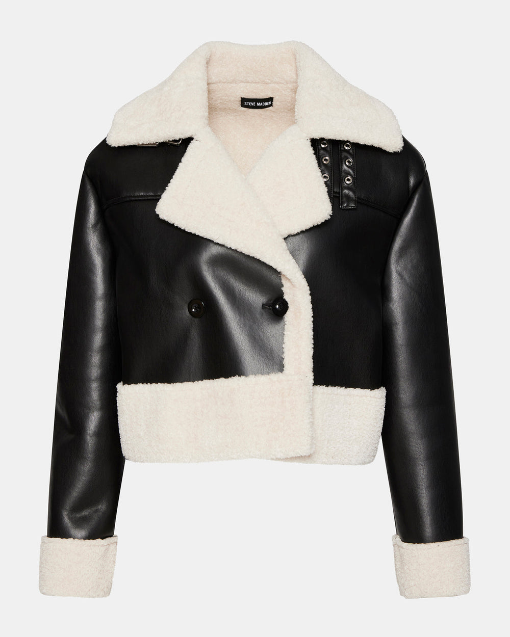 ATHEN Black Women's Faux Leather Shearling Trim Jacket