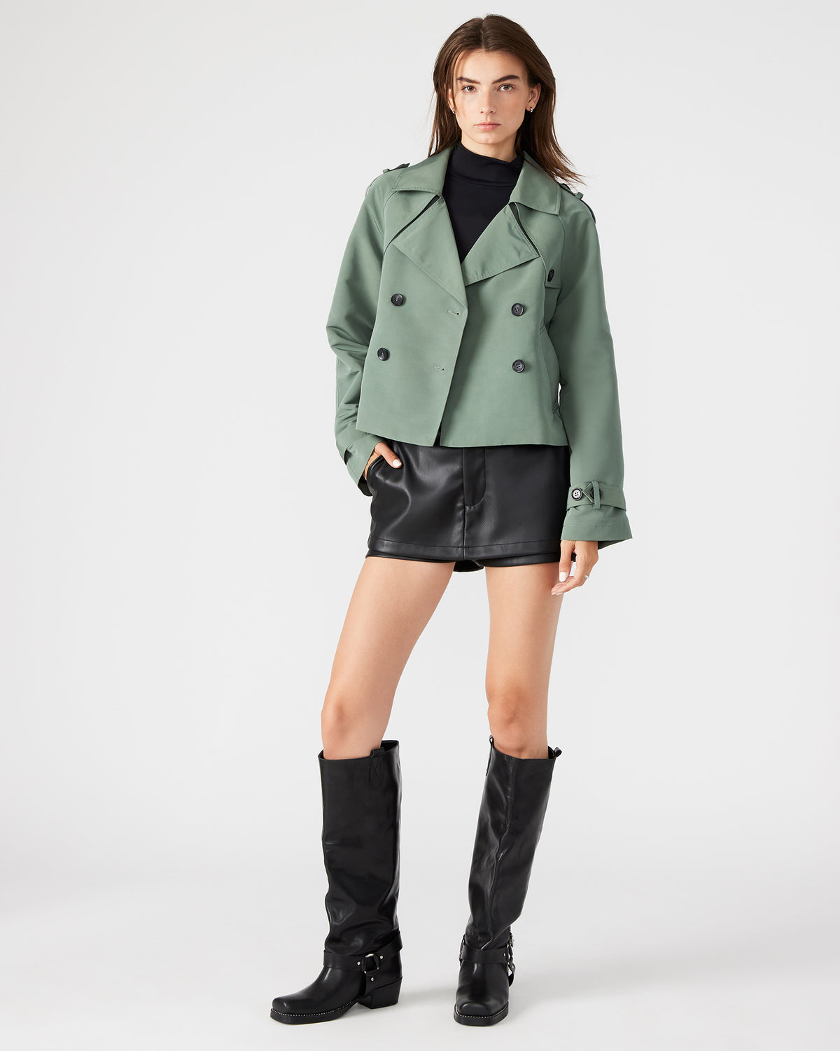 SIRUS Light Green Women's Cropped Denim Trench Coat