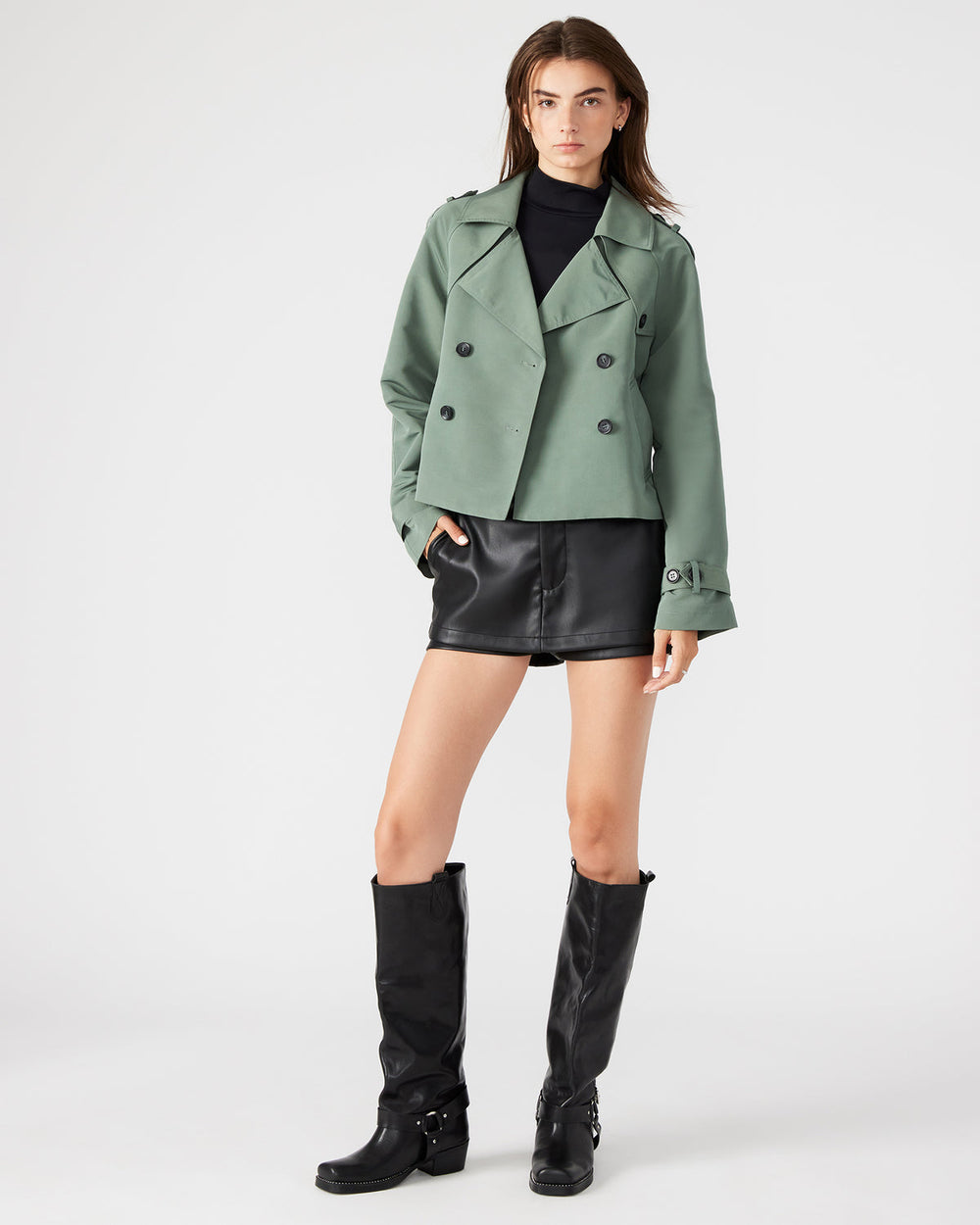 SIRUS Light Green Women's Cropped Denim Trench Coat