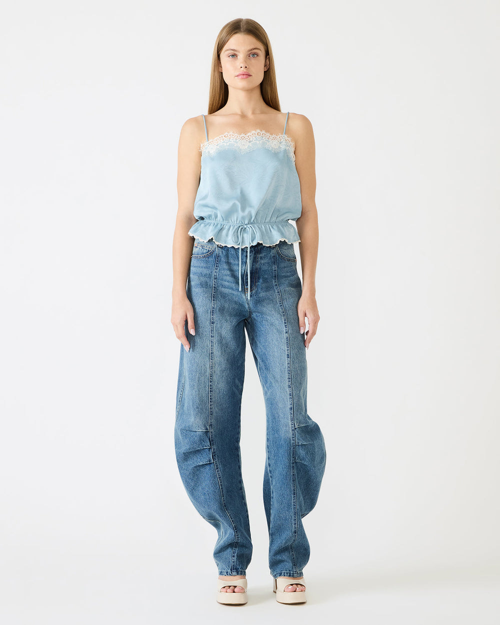 ROAN Dusty Blue Sleeveless Lace Trime Cinched Waist Women's Top