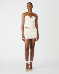 ROSELIA Peach Beige Floral Print Denim Strapless Corset Women's Top