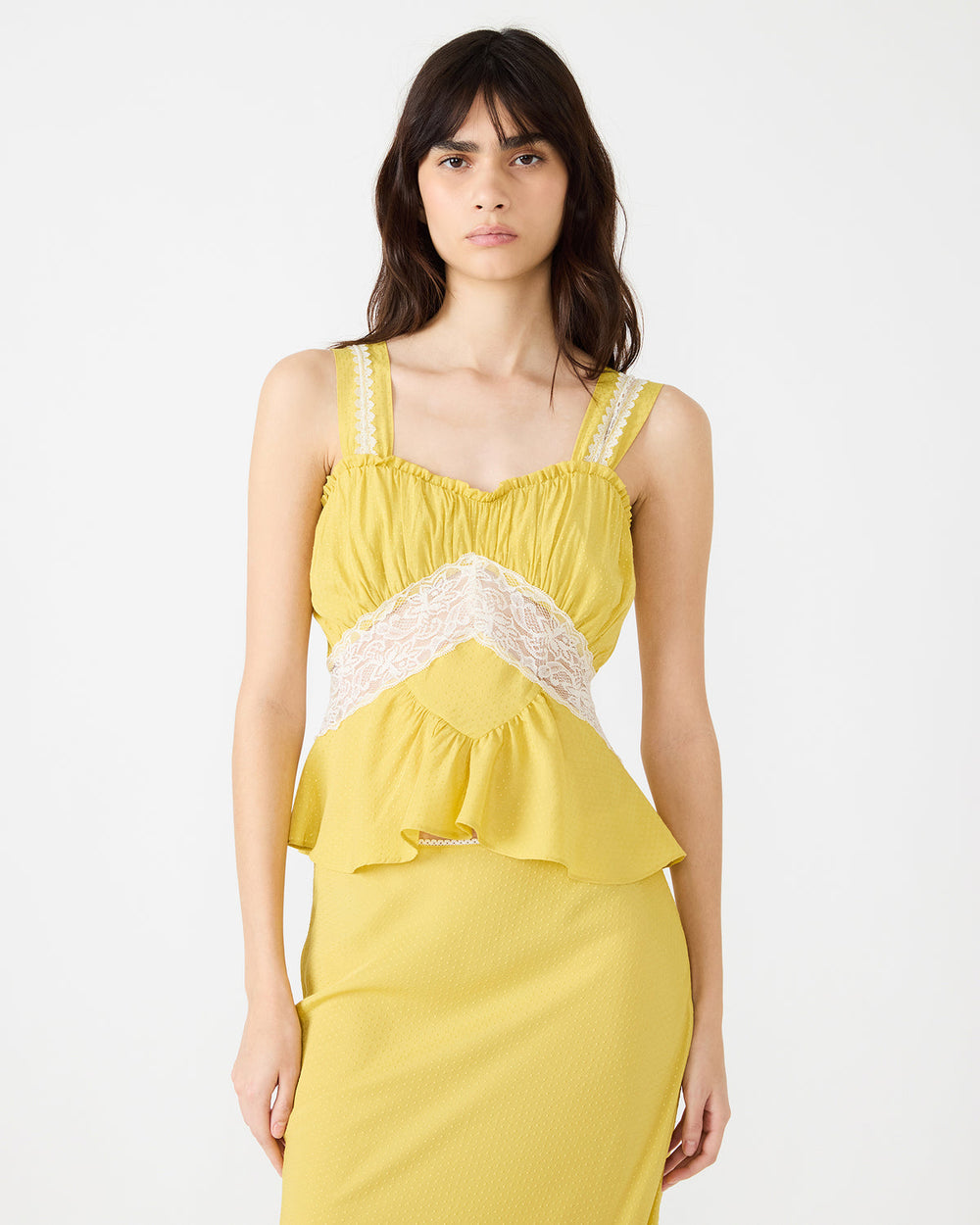 CINTHIA Golden Lime Sleeveless Lace Trim Women's Top