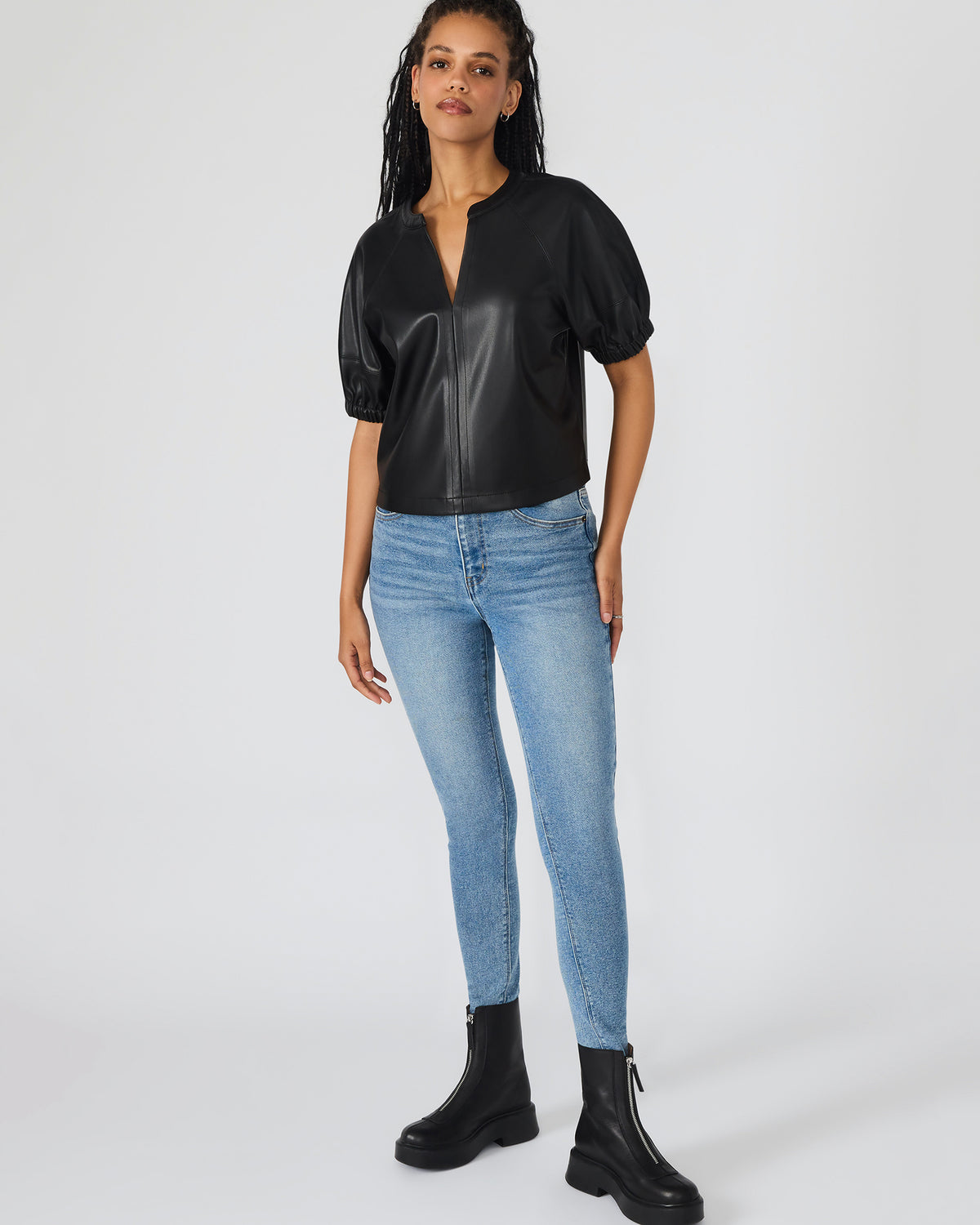 ROXANNE Black Short-Sleeved Faux Leather Puff Sleeve Women's Top
