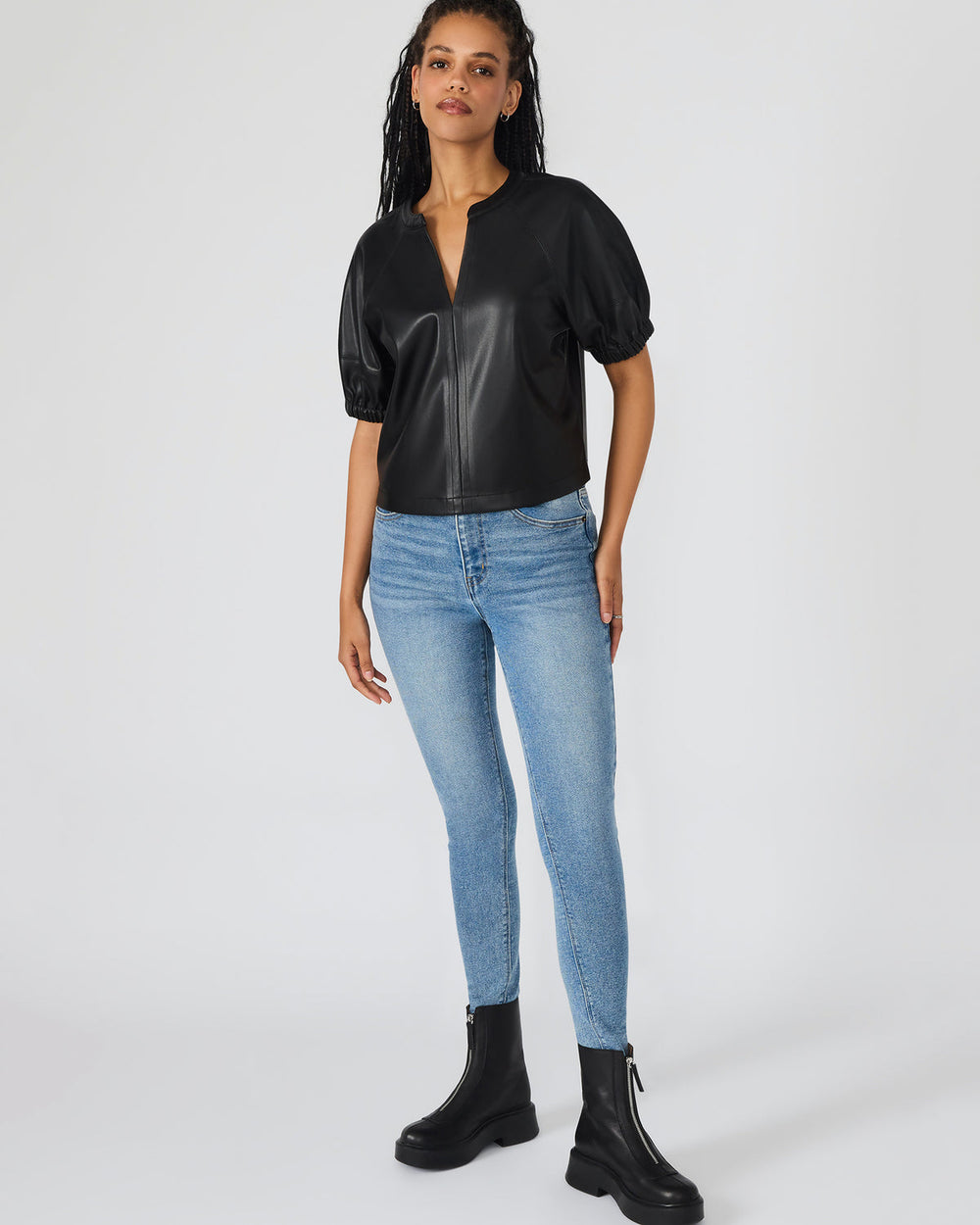 ROXANNE Black Short-Sleeved Faux Leather Puff Sleeve Women's Top
