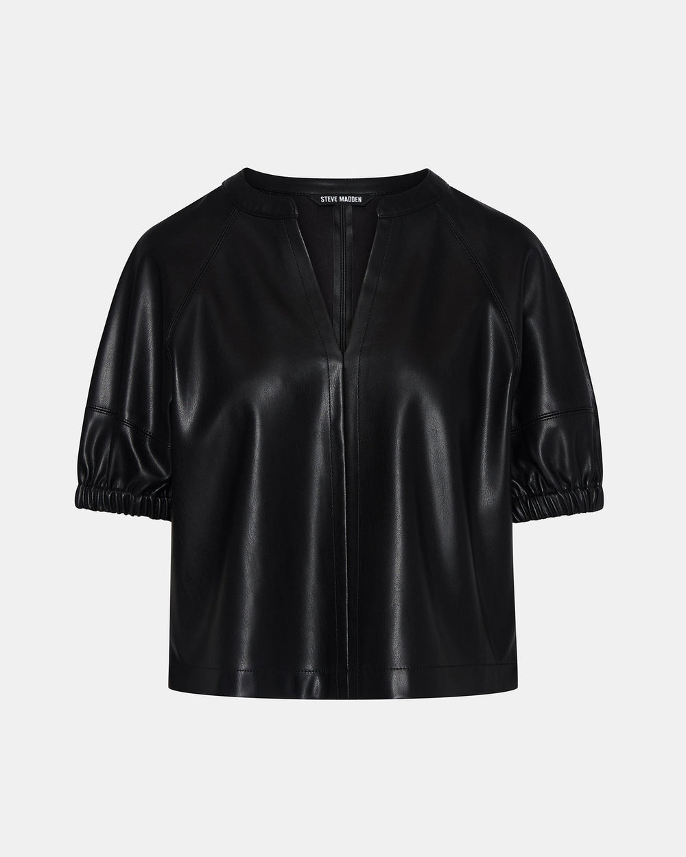 ROXANNE Black Short-Sleeved Faux Leather Puff Sleeve Women's Top