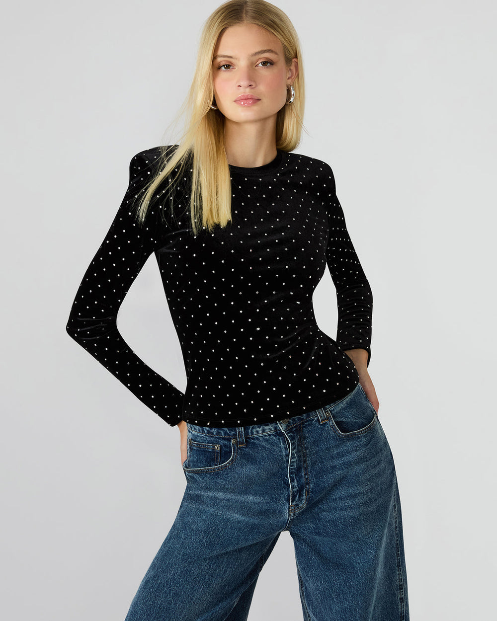 MADILYN Black Studded Velvet Long-Sleeved Rhinestone Embellished Women's Top