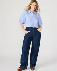 REECE Soft Blue Button-Up Collared Bubble Sleeve Women's Top