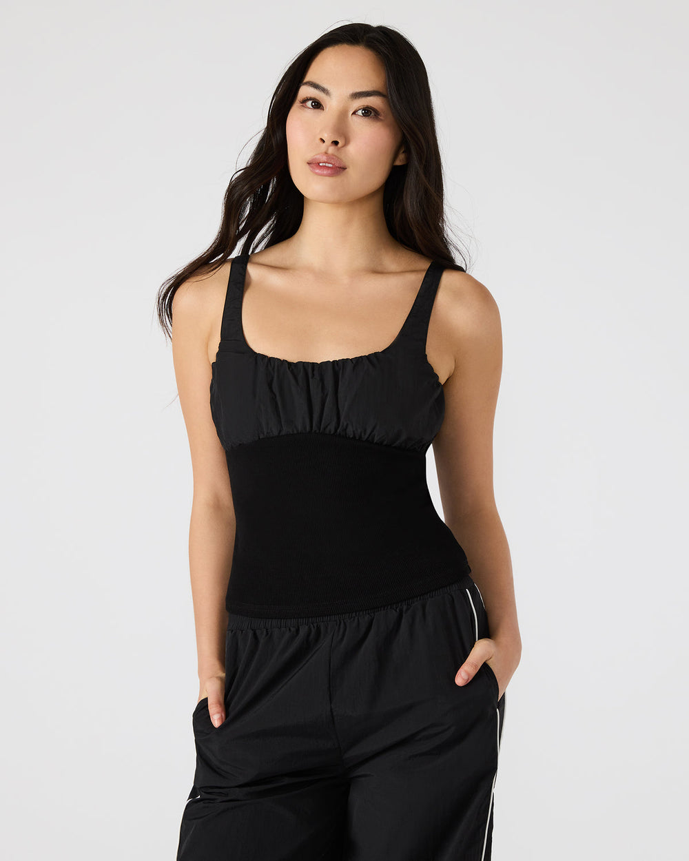 LUANA Black Pull-Over Ruched Tank Top