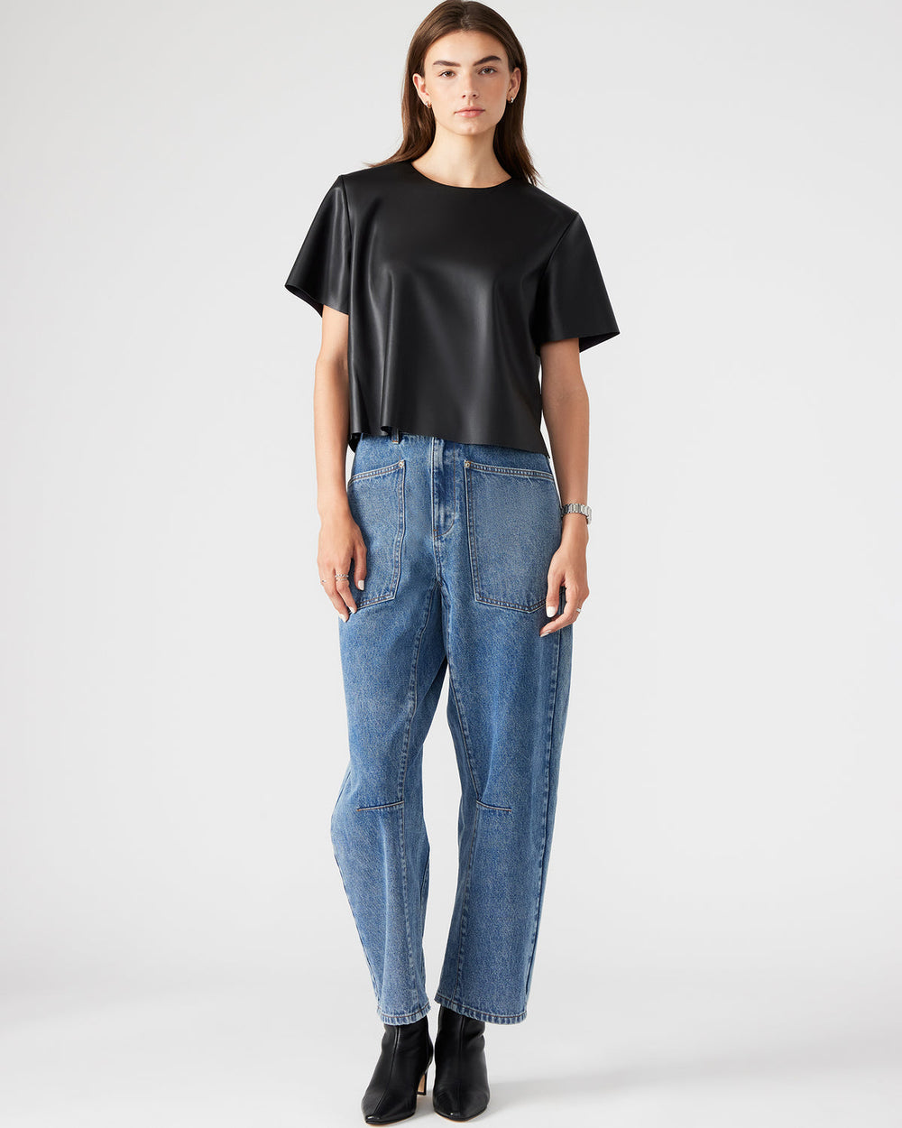 EZRA Black Women's Short Sleeve Faux Leather Top