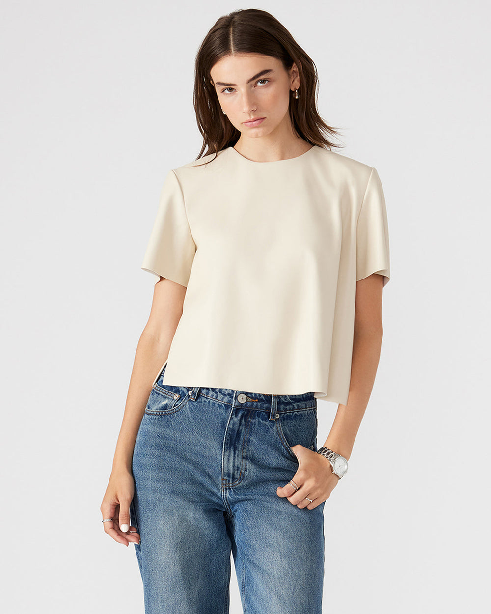 EZRA Bone Women's Short Sleeve Faux Leather Top
