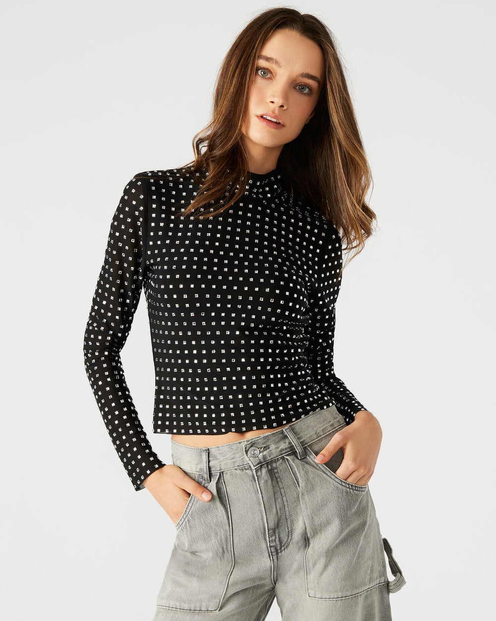 MELVINA Top Black | Women's Long-Sleeved Mesh Fabric Embellished Top