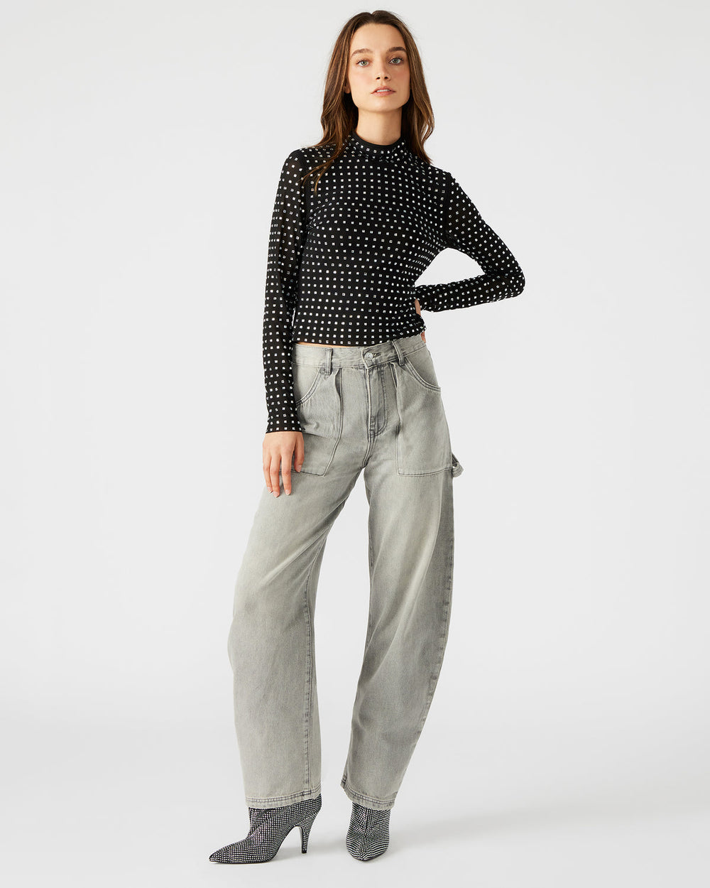 MELVINA Top Black | Women's Long-Sleeved Mesh Fabric Embellished Top