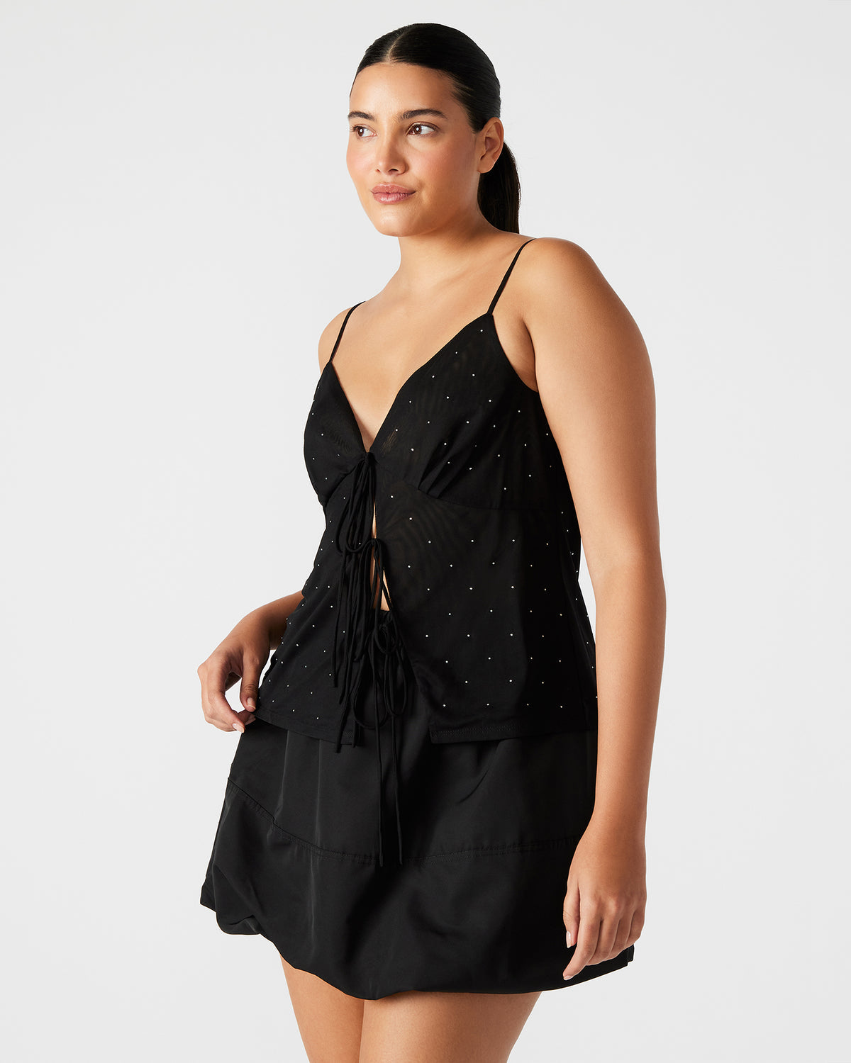 INDY Top Black | Women's Tie Fastening Rhinestone Camisole Tank Top