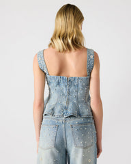 PENELOPI Denim Ruffle Fabric Pearl Embellished Women's Tank Top