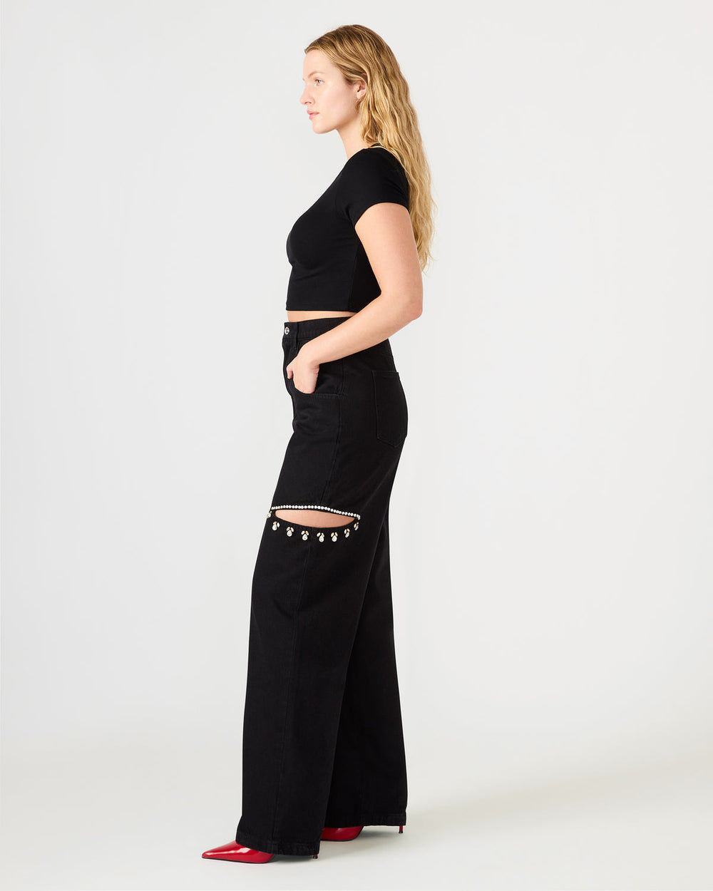 AYLA Black Straight-Leg Rhinestone Embellished Slit Women's Jean
