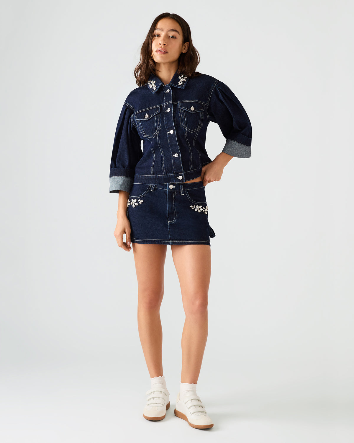 BRIELLIA Bijou Blue Denim Rhinestone Embellished Mini Women's Skirt