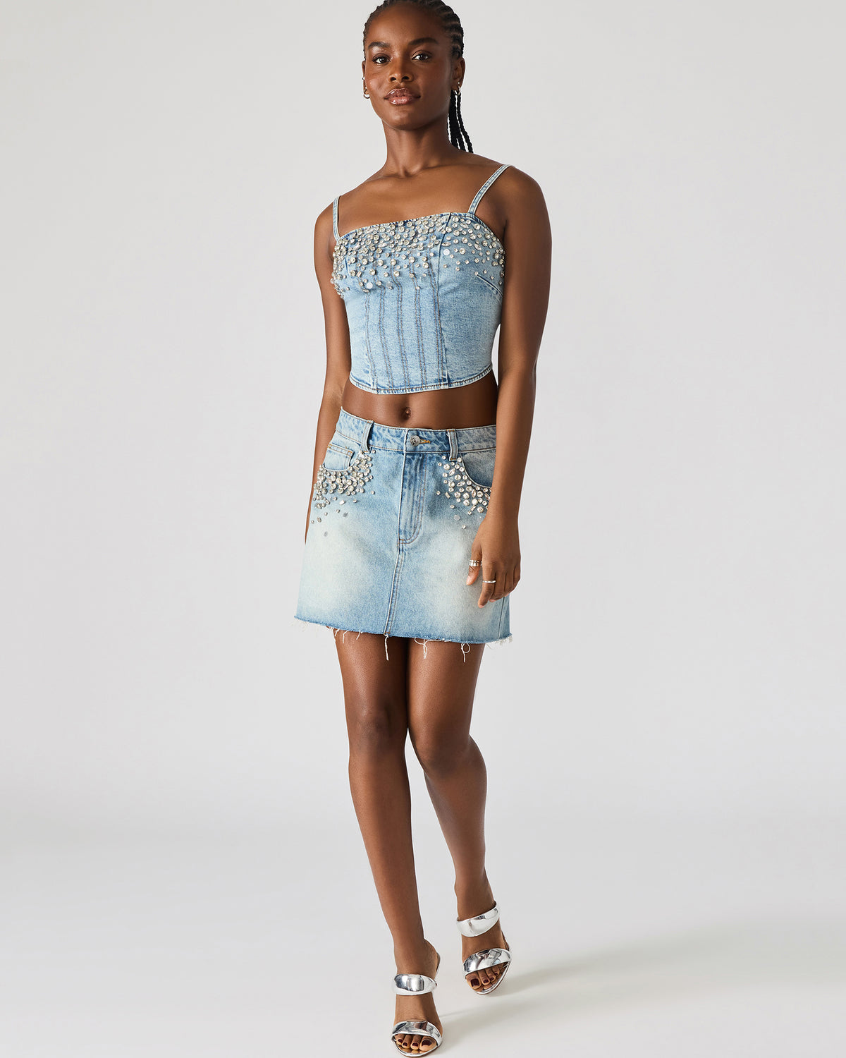 ERAS Denim Rhinestone Embellished Corset Cropped Matching Set Women's Top